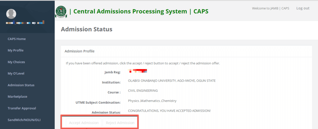 accept or reject admission on caps