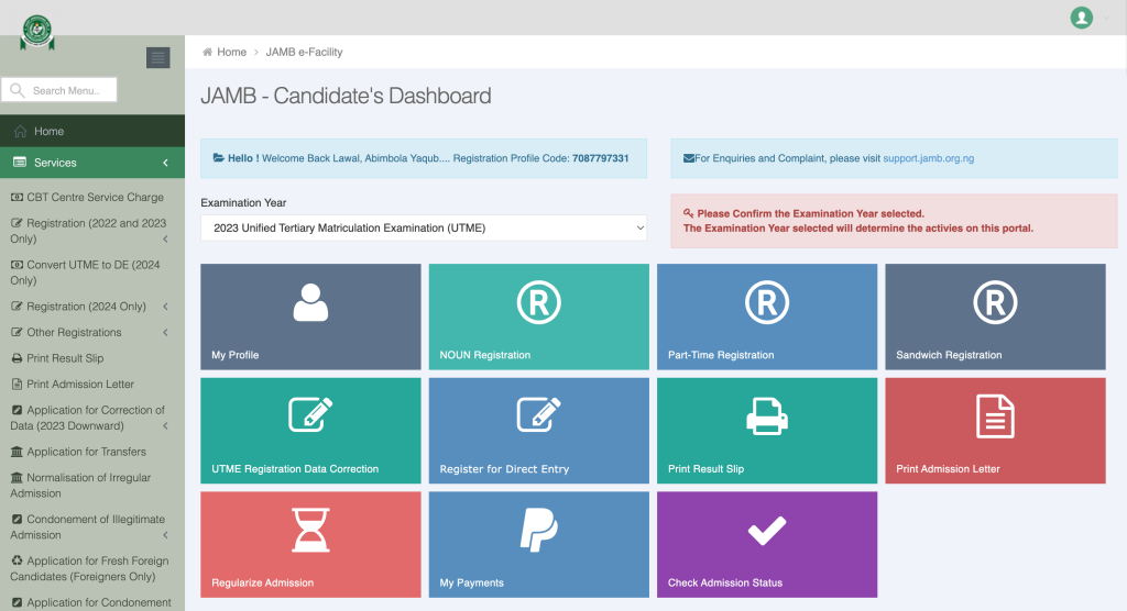 Jamb efacility dashboard