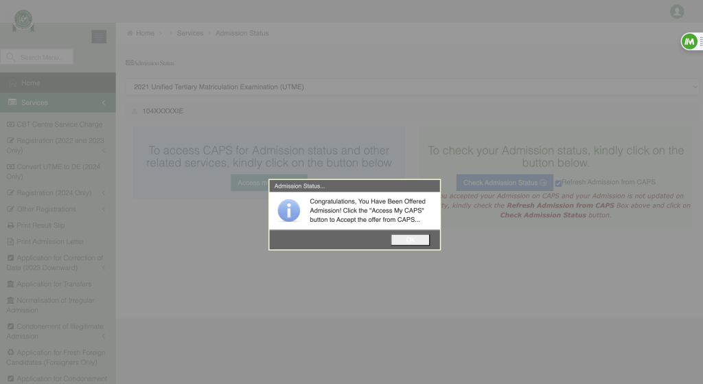 admission status dialog box