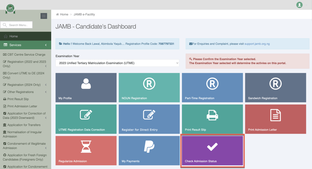 how to check admission status on jamb