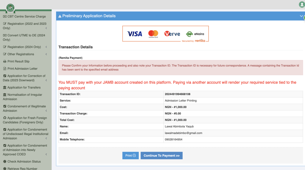 jamb admission letter confirmation page